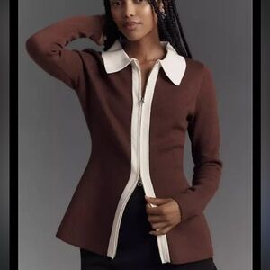 Aligne Isabel color block, brown, and cream zip front sweater